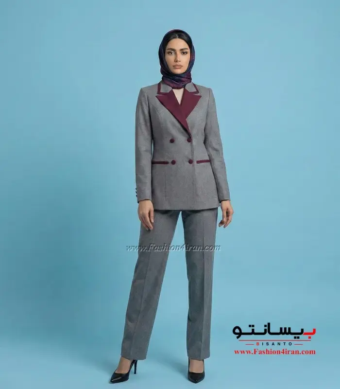 کت‌ و شلوار فاستونی ترک طوسی با خرجیکار زرشکی کد 507