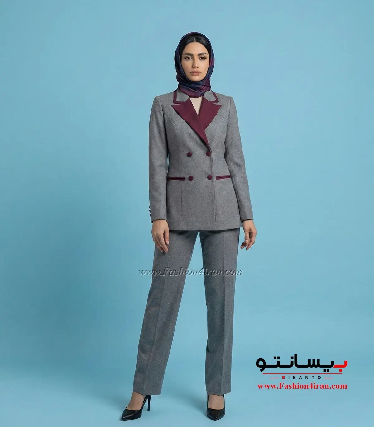 کت‌ و شلوار فاستونی ترک طوسی با خرجیکار زرشکی کد 507