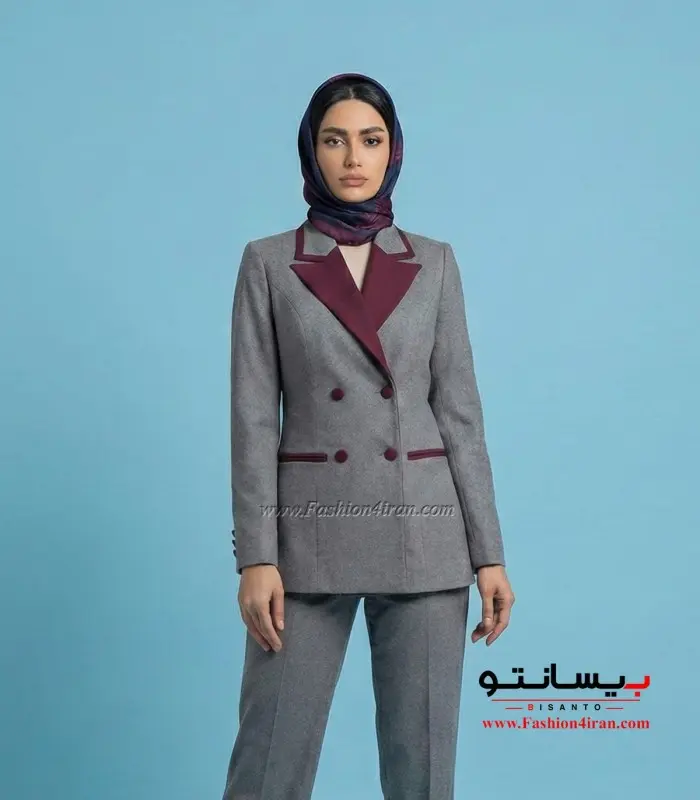 کت‌ فاستونی ترک رنگ طوسی با خرجیکار زرشکی با شلوار