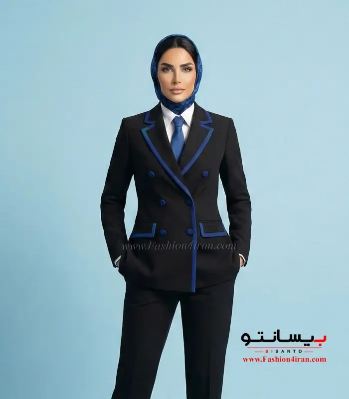 کت‌ شلوار زنانه فاستونی ترک مشکی با خرجیکار آبی کد 501