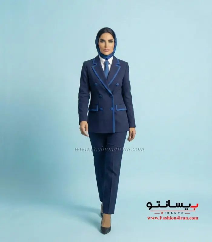 کت‌ شلوار فاستونی ترک رنگ سرمه ای با خرجیکار آبی کد 501