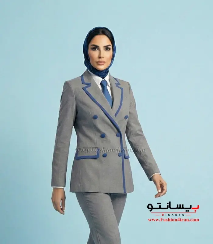 کت‌ شلوار فاستونی ترک طوسی با خرجیکار آبی کد 501