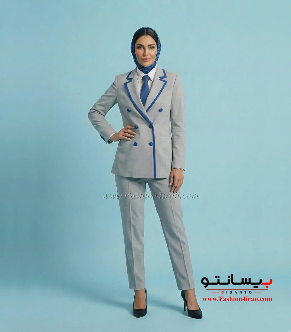 کت‌ شلوار فاستونی ترک طوسی روشن با خرجیکار آبی کد 501