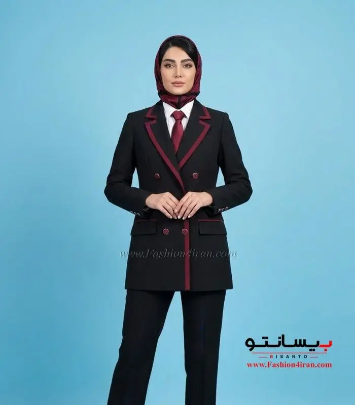کت‌ زنانه مشکی با شلوار فاستونی با خرجیکار زرشکی کد 501
