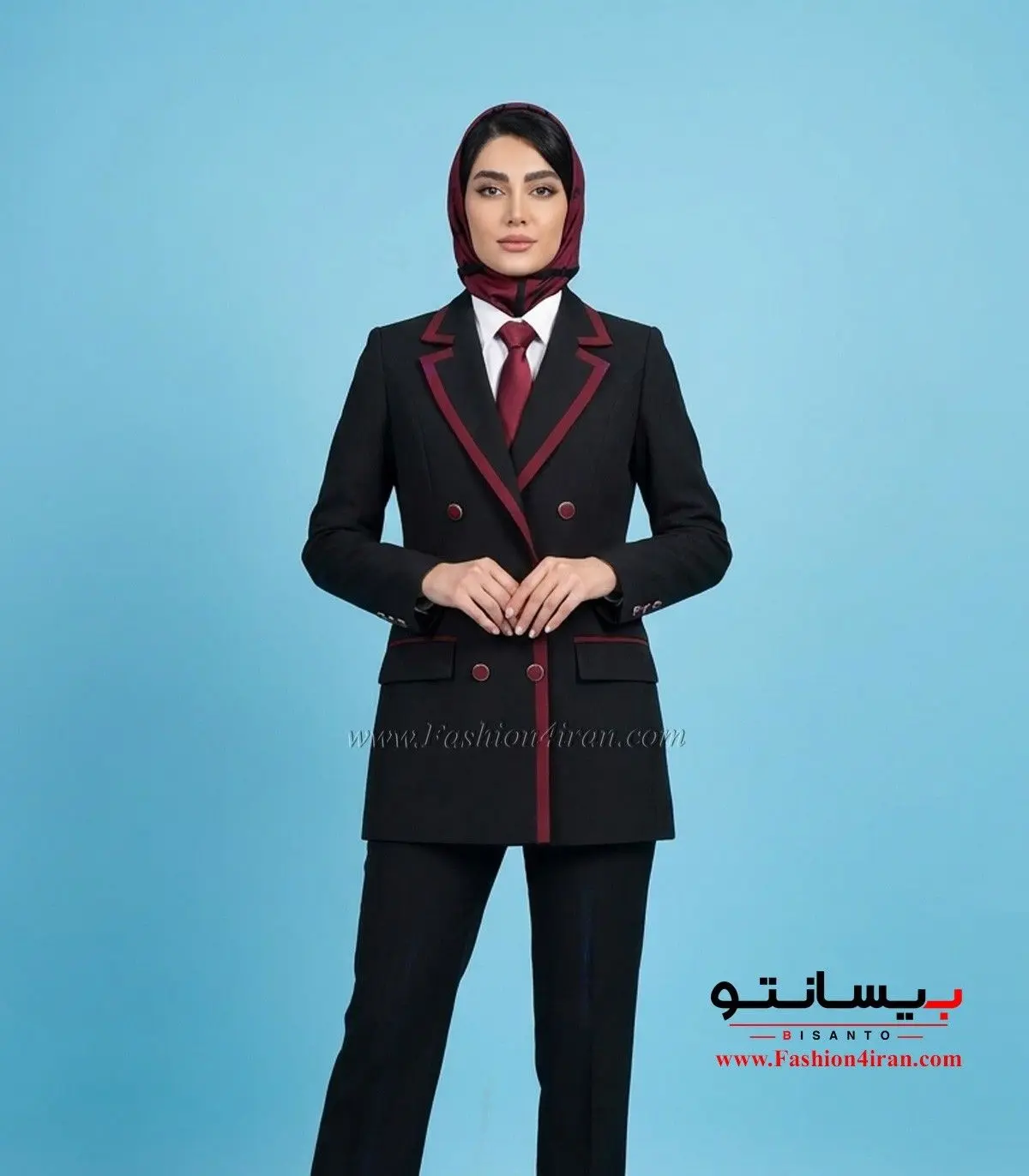کت‌ زنانه مشکی با شلوار فاستونی با خرجیکار زرشکی کد 501