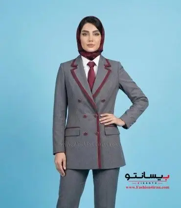 کت‌ شلوار زنانه طوسی فاستونی با خرجیکار زرشکی کد 501