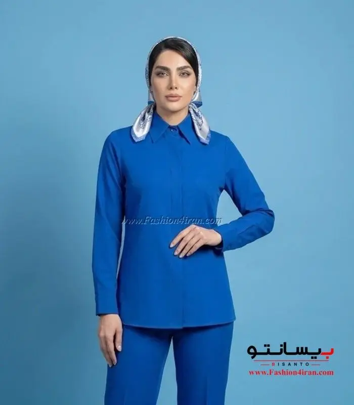 شومیز زنانه آبی الیزه بیسانتو با یقه مردانه تمام قد