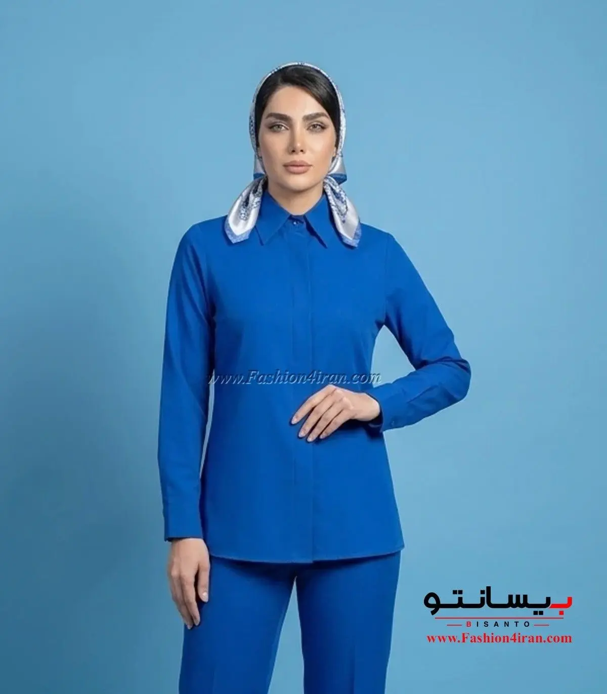 شومیز زنانه آبی الیزه بیسانتو با یقه مردانه تمام قد