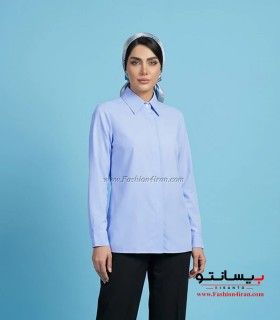 شومیز زنانه آبی پاستیلی یقه مردانه کد 201 نما نزدیک