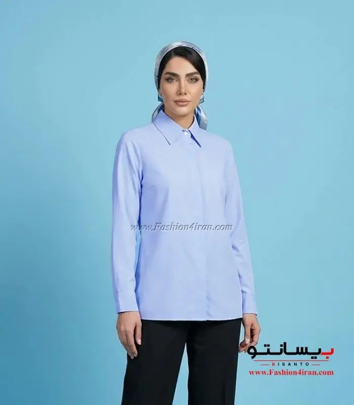 شومیز زنانه آبی پاستیلی یقه مردانه کد 201 نما نزدیک