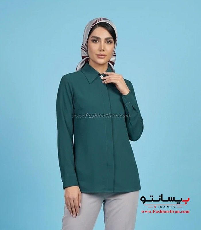 شومیز زنانه سبز یشمی یقه مردانه کد 201 نمای نزدیک