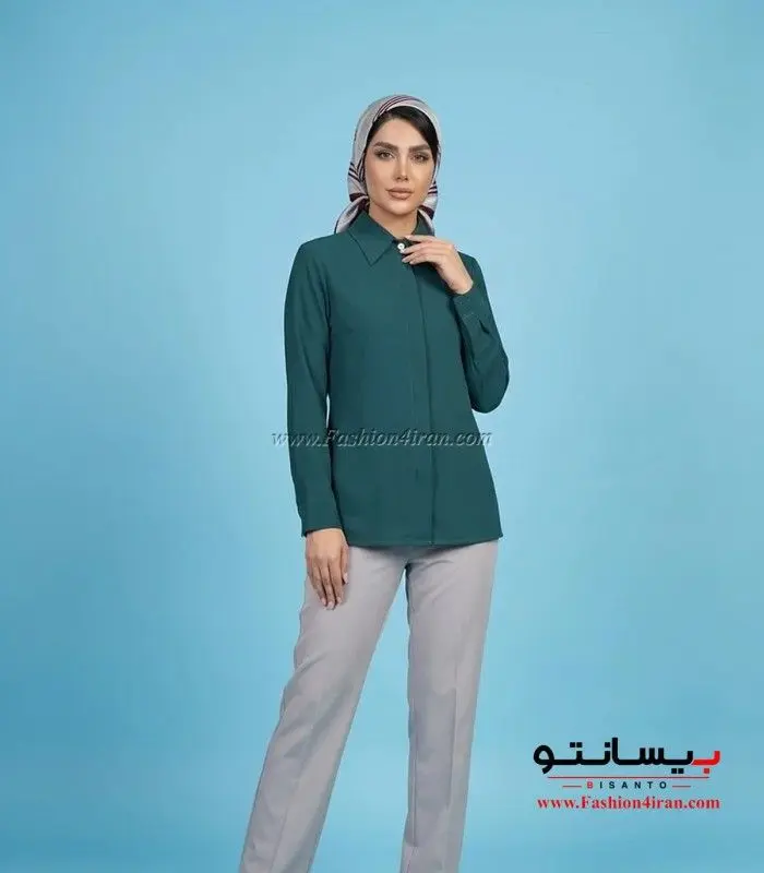 شومیز زنانه سبز یشمی یقه مردانه کد 201 با ست شلوار طوسی