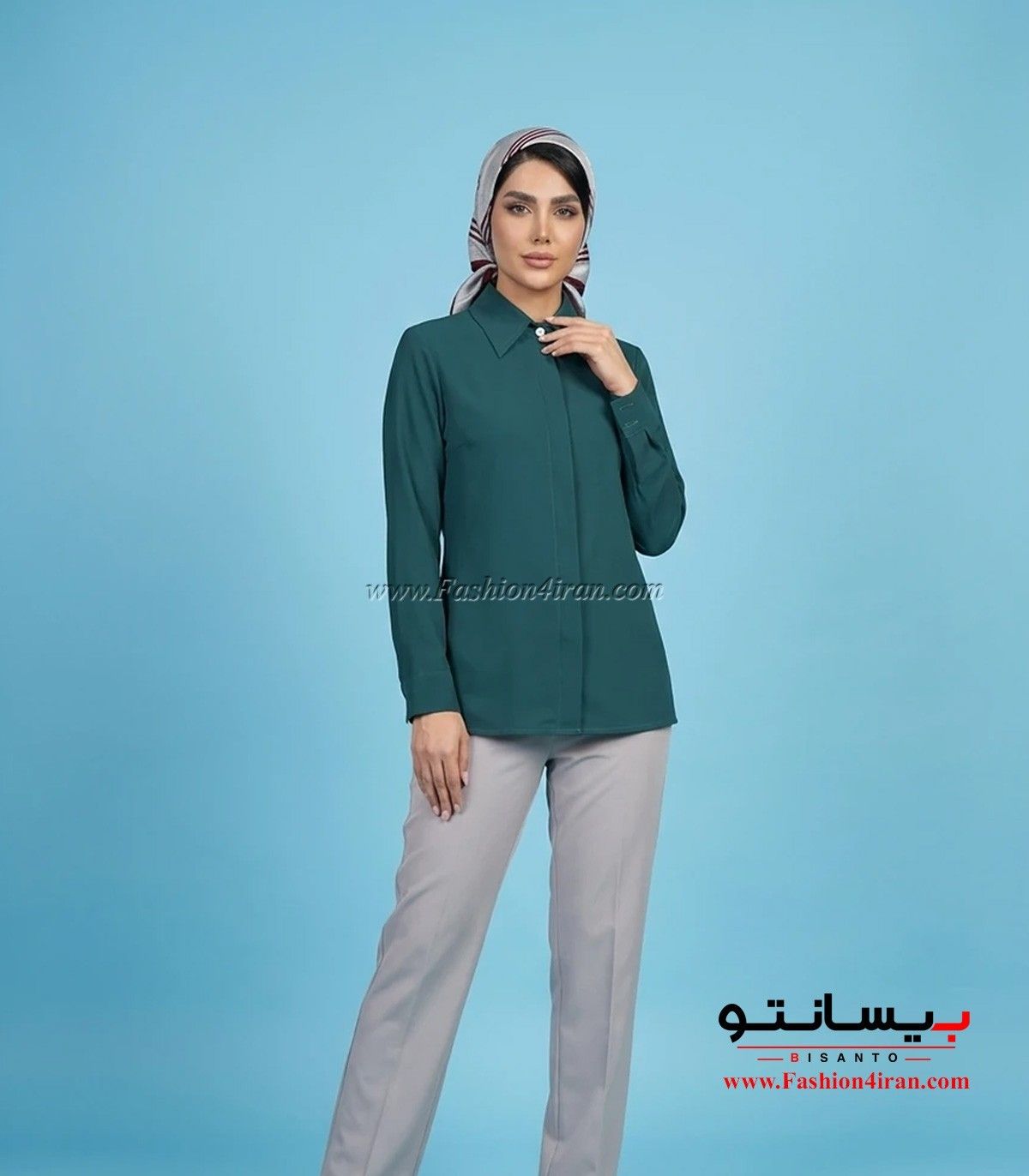 شومیز زنانه سبز یشمی یقه مردانه کد 201 با ست شلوار طوسی