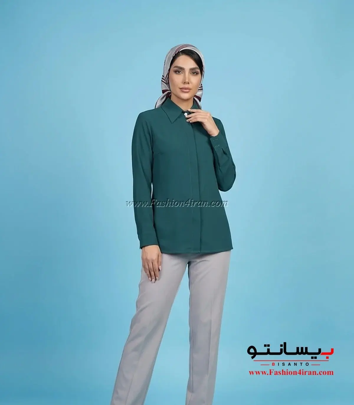 شومیز زنانه سبز یشمی یقه مردانه کد 201 با ست شلوار طوسی