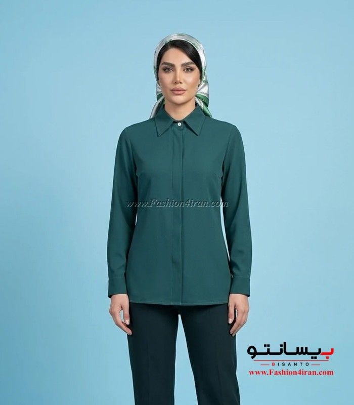 شومیز زنانه رنگ سبز یشمی پارچه الیزه  یقه مردانه