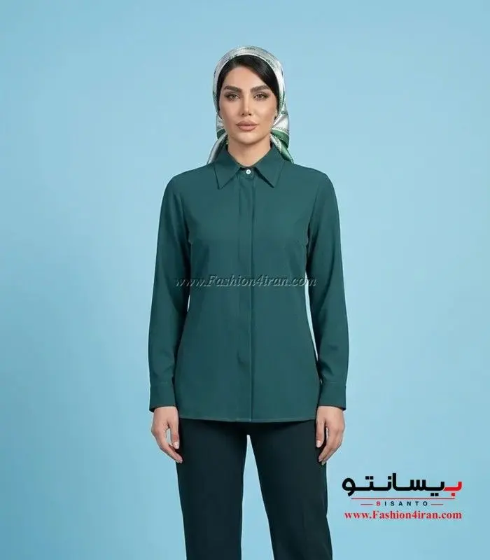 شومیز زنانه رنگ سبز یشمی پارچه الیزه یقه مردانه