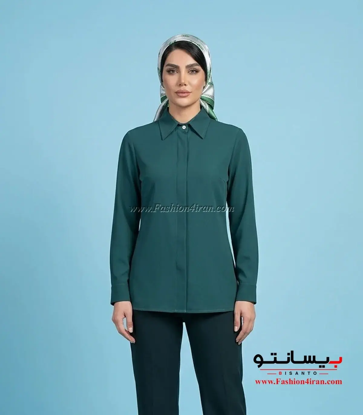 شومیز زنانه رنگ سبز یشمی پارچه الیزه یقه مردانه