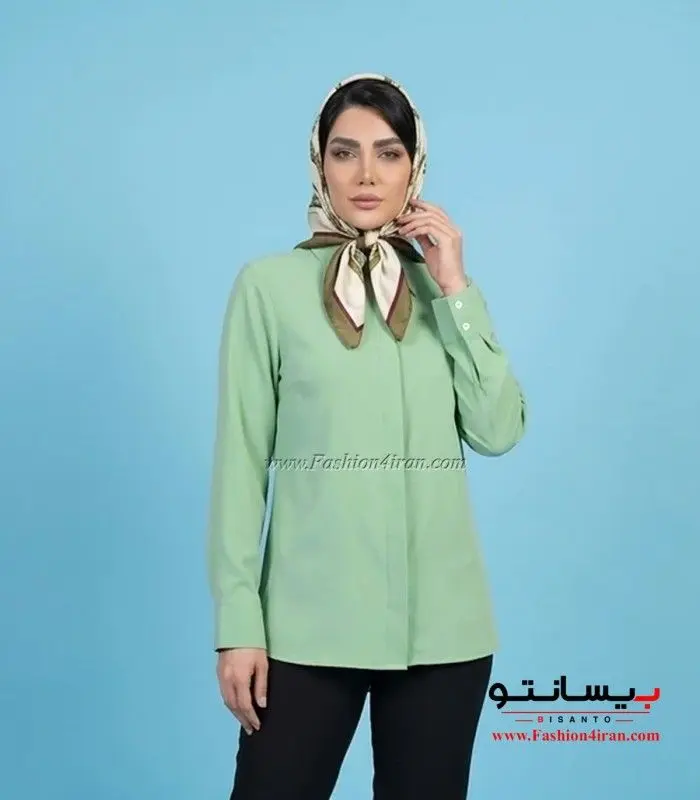 شومیز زنانه سبز پاستیلی یقه مردانه نمای نزدیک