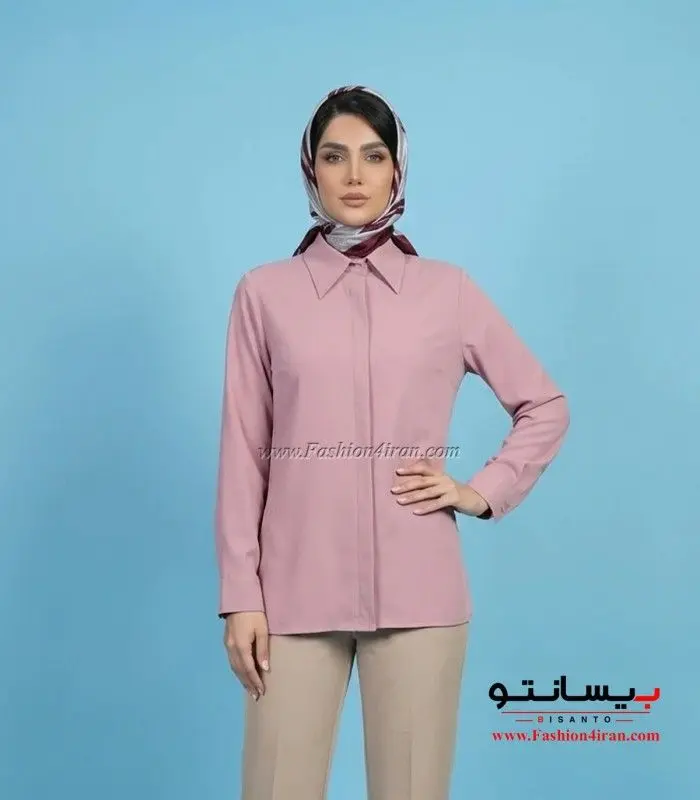 شومیز زنانه صورتی پاستیلی الیزه بیسانتو یقه مردانه کد 201 نمای جلو