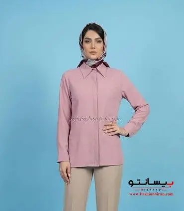 شومیز زنانه صورتی پاستیلی الیزه بیسانتو یقه مردانه کد 201 نمای جلو