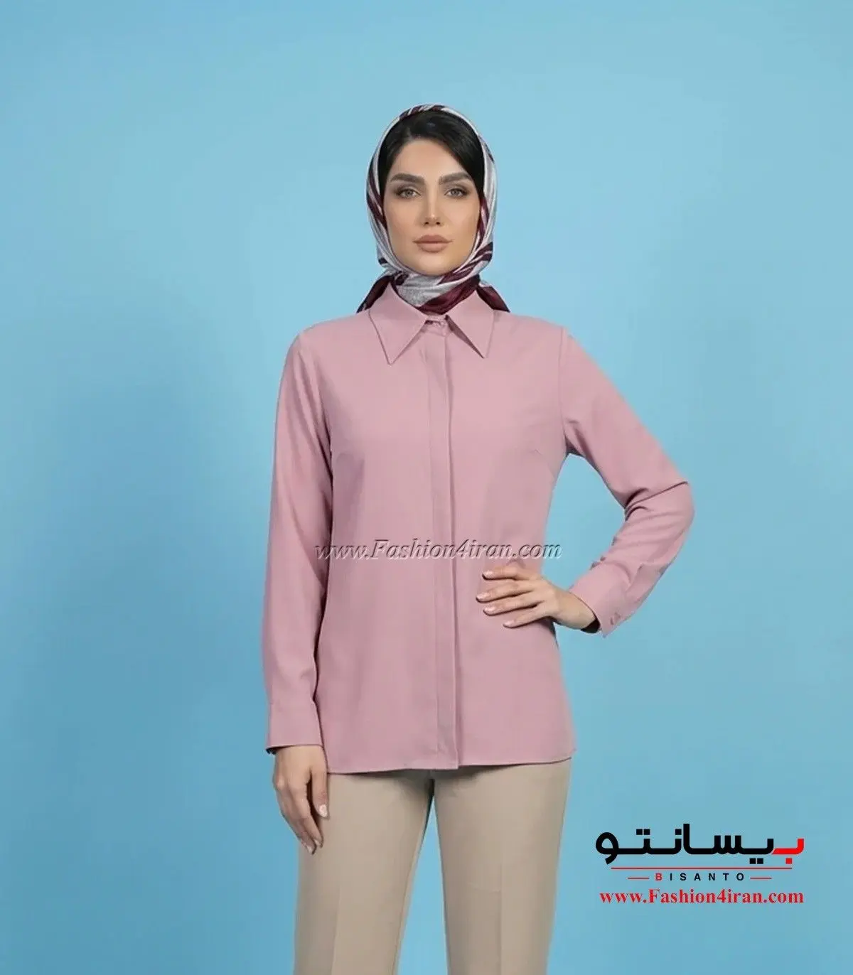 شومیز زنانه صورتی پاستیلی الیزه بیسانتو یقه مردانه کد 201 نمای جلو