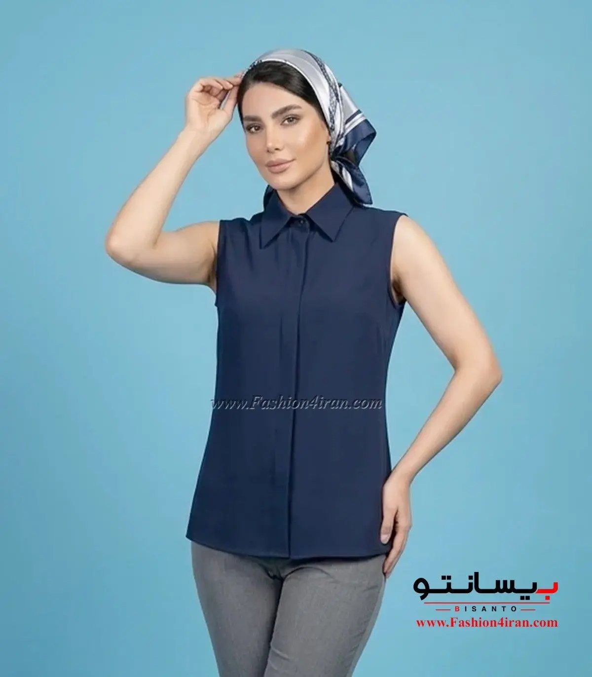 شومیز زنانه سرمه‌ای الیزه بیسانتو بدونه آستین یقه مردانه کد 201 نمای جلو
