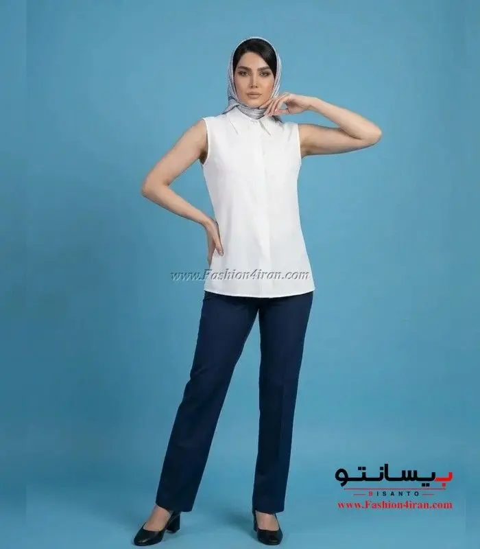 شومیز زنانه سفید بدون آستین یقه مردانه کد 201 تمام قد