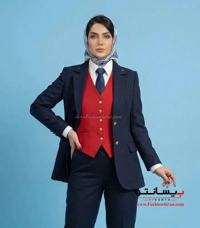 کت شلوار و جلیقه قرمز زنانه فاستونی ترک از نمای روبه رو کد 120