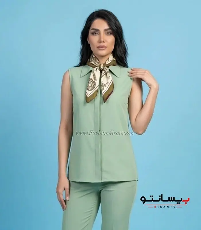 شومیز زنانه سبز پاستیلی بدون آستین یقه مردانه کد 201