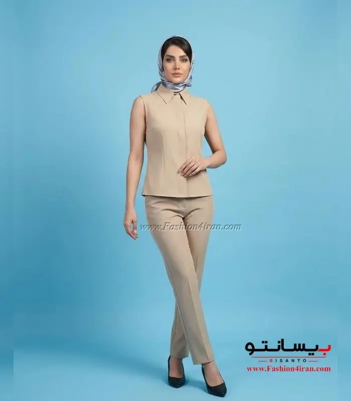 شومیز زنانه کرم بدون آستین یقه مردانه تمام قد کد 201