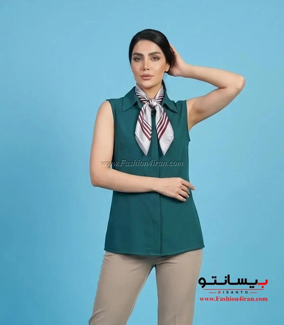 شومیز بدونه آستین زنانه سبز یشمی یقه مردانه کد 201