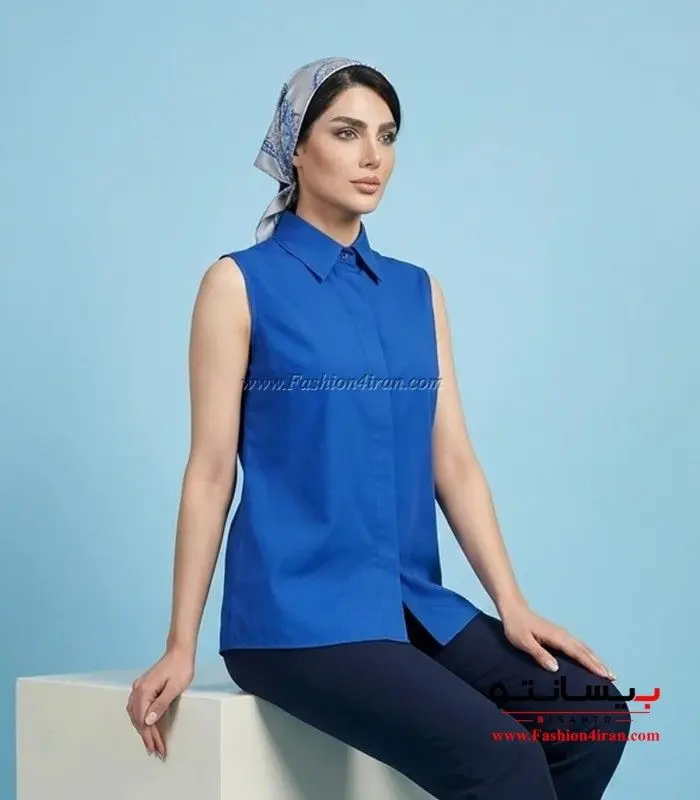 شومیز زنانه آبی بدونه آستین بیسانتو یقه مردانه کد 201