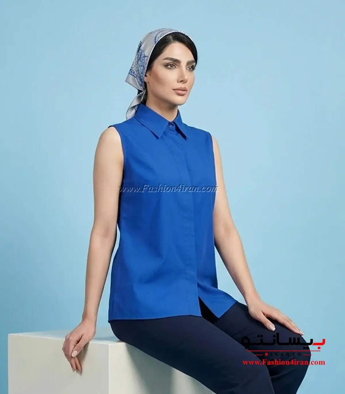 شومیز زنانه آبی بدونه آستین بیسانتو یقه مردانه کد 201
