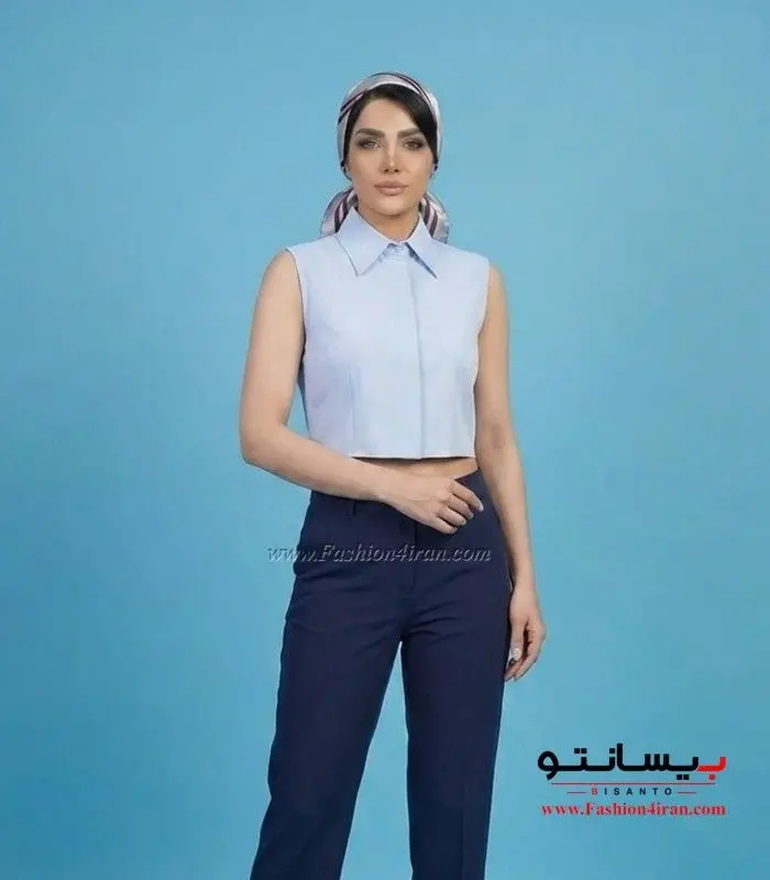 کراپ شومیز حلقه‌ای یقه مردانه آبی پاستیلی کد 202