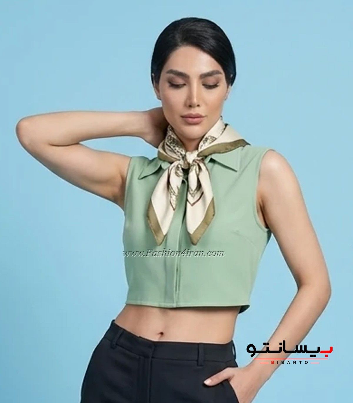 کراپ شومیز حلقه‌ای یقه مردانه سبز پاستیلی کد 202