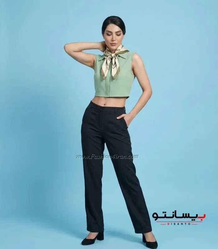 کراپ زنانه شومیز حلقه‌ای یقه مردانه سبز پاستیلی کد 202
