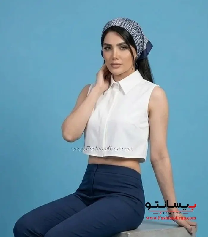 کراپ شومیز حلقه‌ای یقه مردانه رنگ سفید کد 202