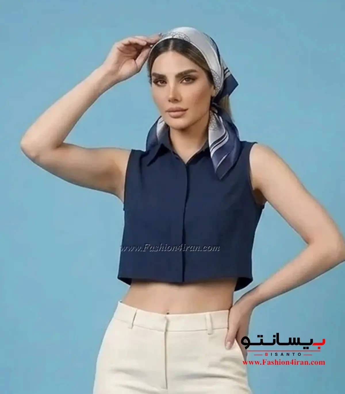 کراپ شومیز سرمه ای حلقه‌ای یقه مردانه کد 202