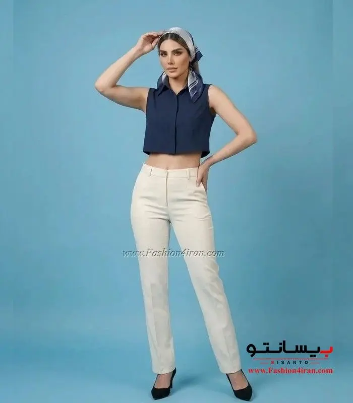 کراپ شومیز حلقه‌ای یقه مردانه رنگ سرمه‌ای کد 202