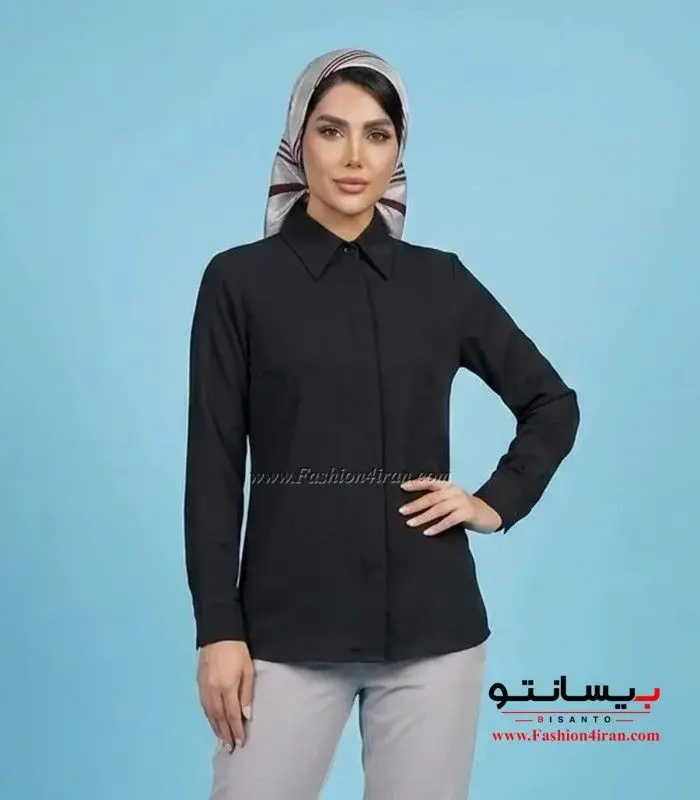 شومیز زنانه مشکی یقه مردانه کد 201 نما از نزدیک