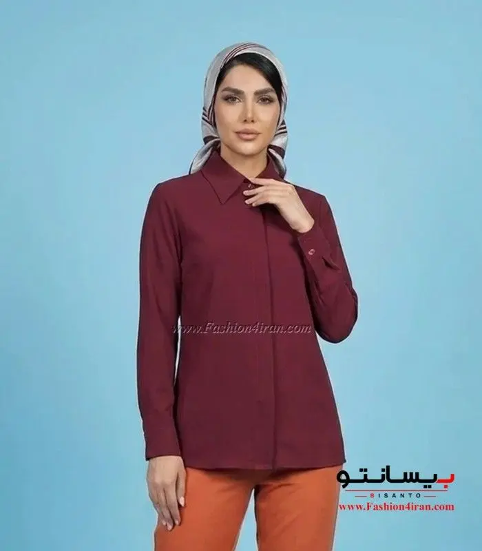 شومیز زنانه زرشکی پارچه الیزه یقه مردانه کد 201