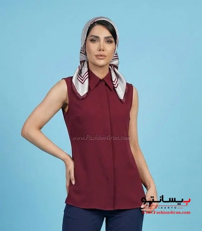 شومیز زنانه زرشکی یقه مردانه آستین حلقه ای کد 201