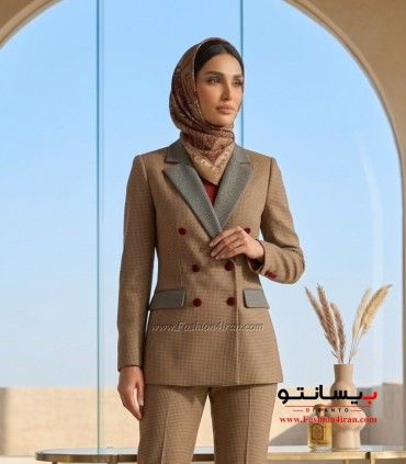 کت‌ شلوار پارچه پیردوپل نسکافه‌ای با خرجکار طوسی کد 508
