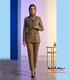کت‌ شلوار پارچه پیردوپل نسکافه‌ای با خرجکار طوسی کد 508 نمای قدی