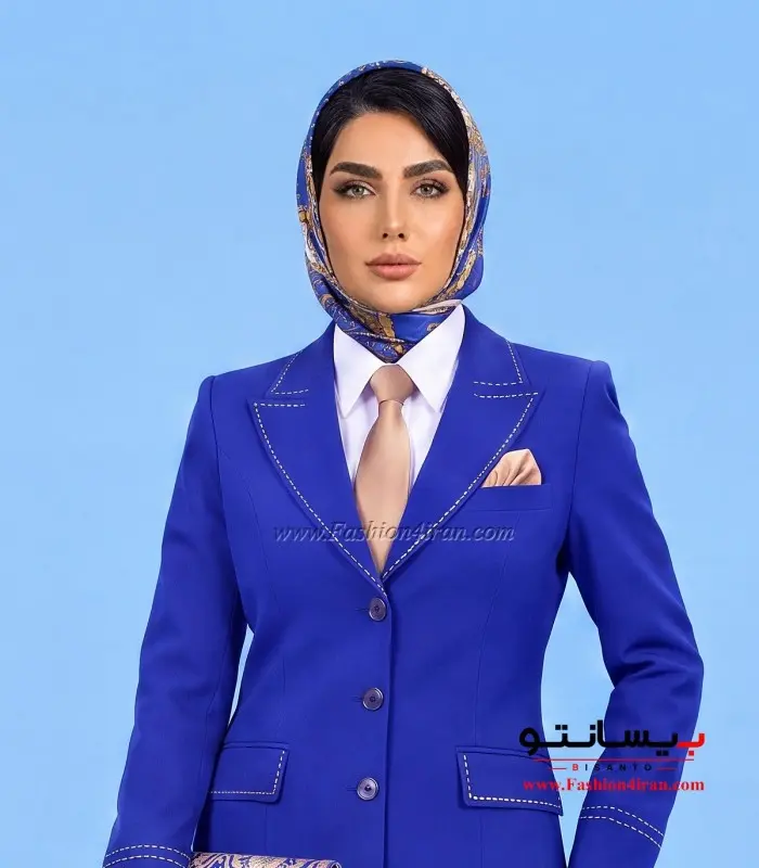 مانتو شلوار رسمی زنانه آبی با جزئیات طلایی کد 509