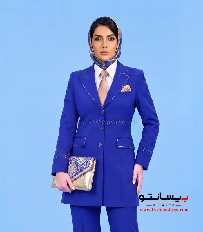 مانتو شلوار زنانه کرپ کالیفرنیا آبی خرج‌کار طلایی کد 509