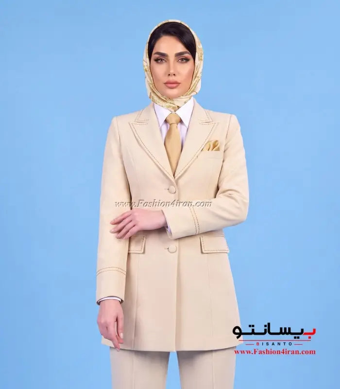 مانتو شلوار رسمی زنانه کرم استخوانی با جزئیات طلایی کد 509