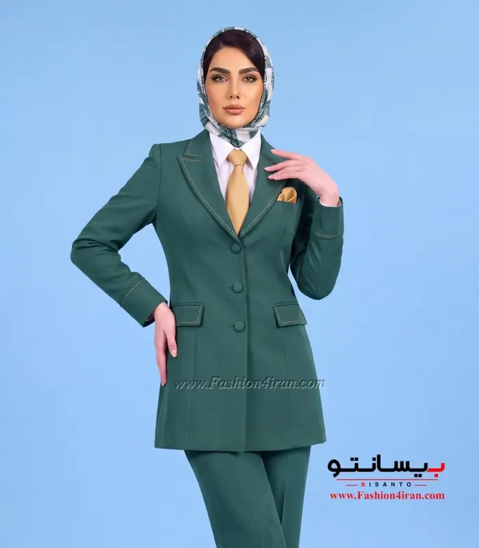مانتو شلوار رسمی زنانه سبز لجنی با جزئیات طلایی کد 509