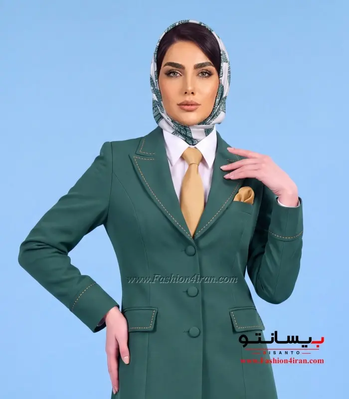 مانتو شلوار زنانه کرپ کالیفرنیا سبز لجنی خرج‌کار طلایی کد 509