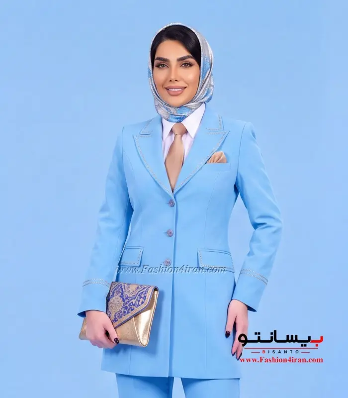 مانتو شلوار رسمی زنانه آبی پاستیلی با جزئیات طلایی کد 509